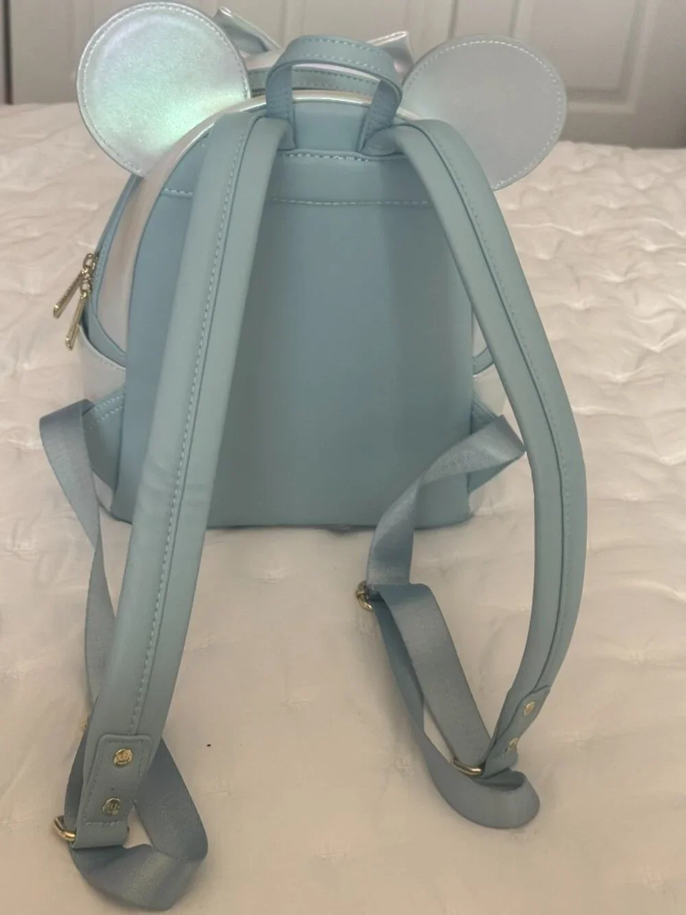 Loungefly Disney Minnie Mouse Iridescent Pearl Mini Backpack Blue Bow Ears
